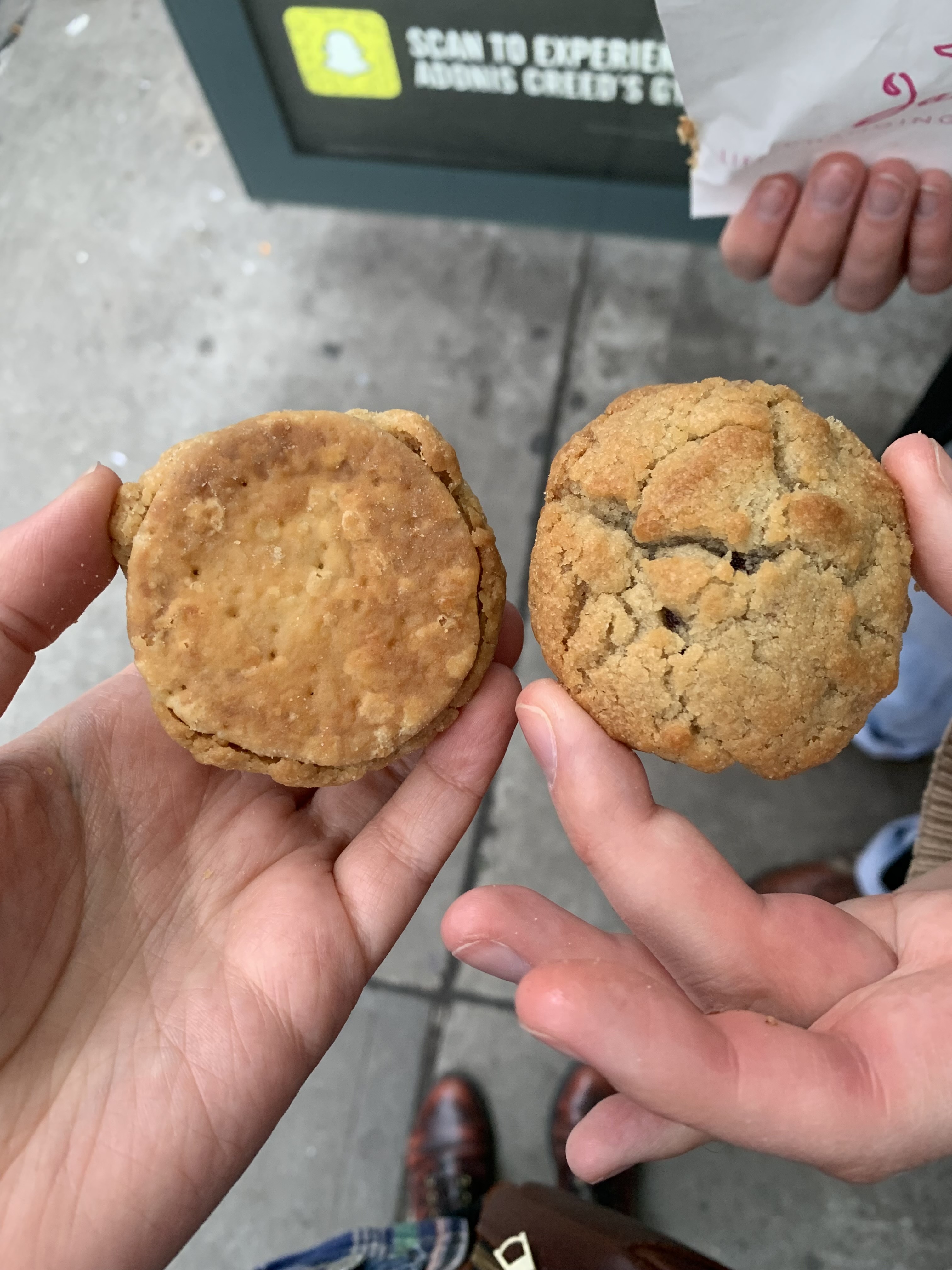 Top and bottom view of a cookie with a pie crust base, jammy fruit filling, and a sugar cookie streusel top.