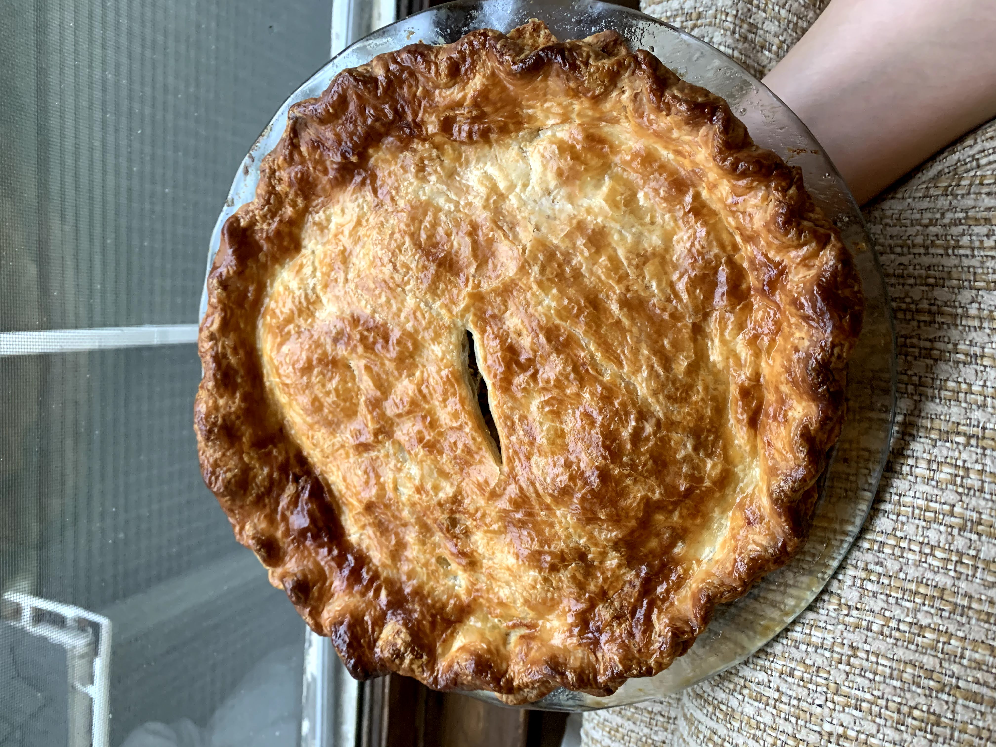 A savory pie with a deeply browned top crust.